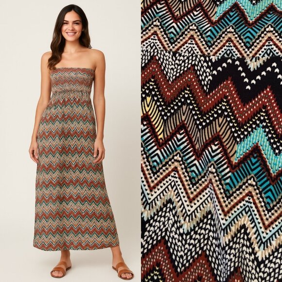 HOT KISS Strapless Sundress Size S/M Fall Colours Zig Zag Tribal Pattern Stretch - Picture 2 of 9